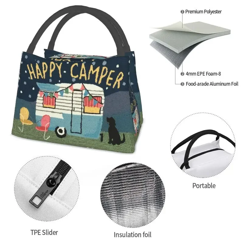 Viagem de Aventura-Happy Campers Lunch Bags Isolados para Mulheres, Cartoon RV, Camping, Cooler, Thermal Food Box, Trabalho, Viagem