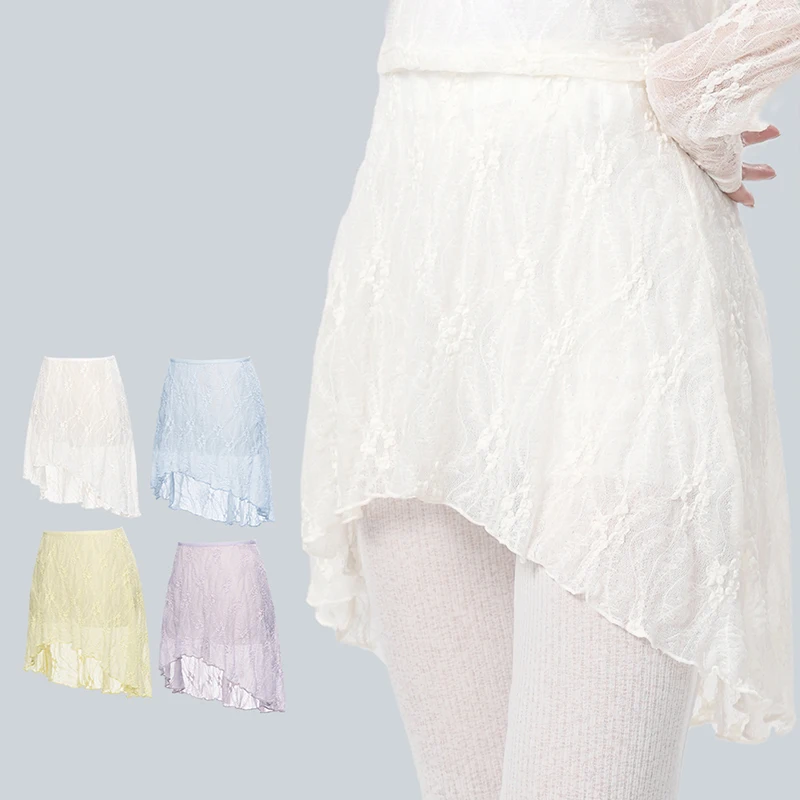 

Women Irregular Lace Ballet Dance Skirt Nylon Soft Sheer Tulle See-Through Solid Color Skirts Adult Girls Elegant Dance Skirts