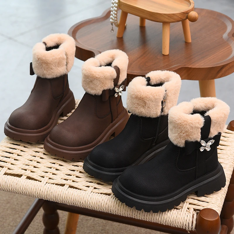 

Girls' boots, children's velvet two cotton boots, 2025 winter new style children's shoes, soft soled short boots, warm furry lea
