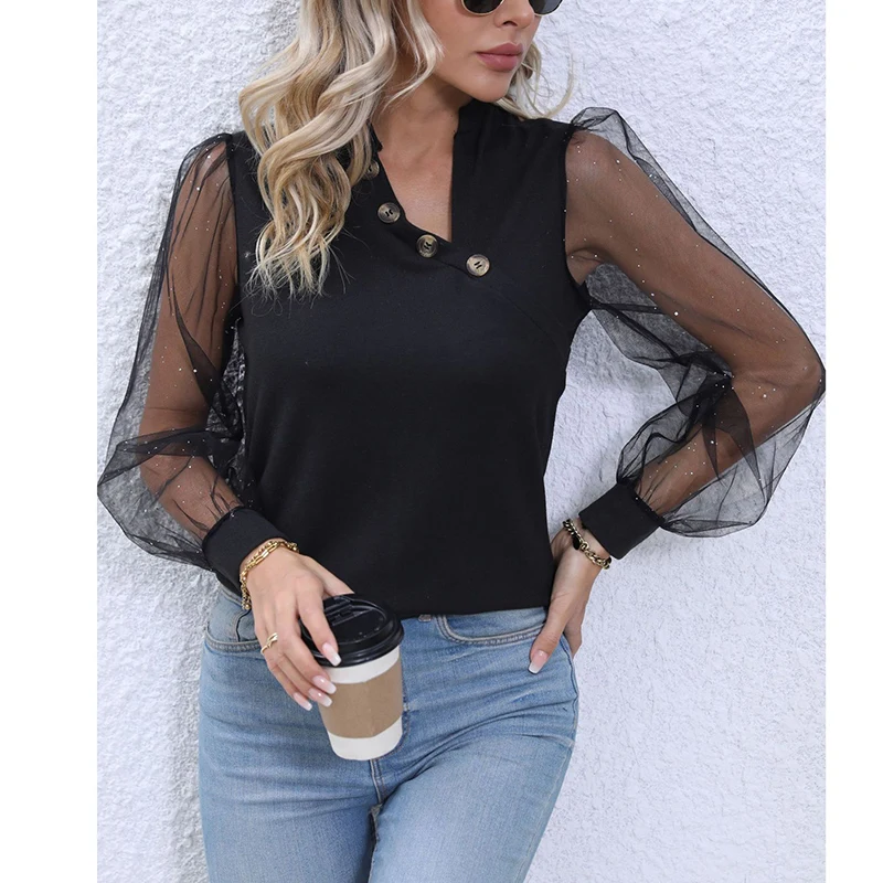 Autumn New Chic Trendy Shirt Women Vintage Elegant Solid Color Long Lantern Sleeve Gauze Button Irregular V Neck Patchwork Top