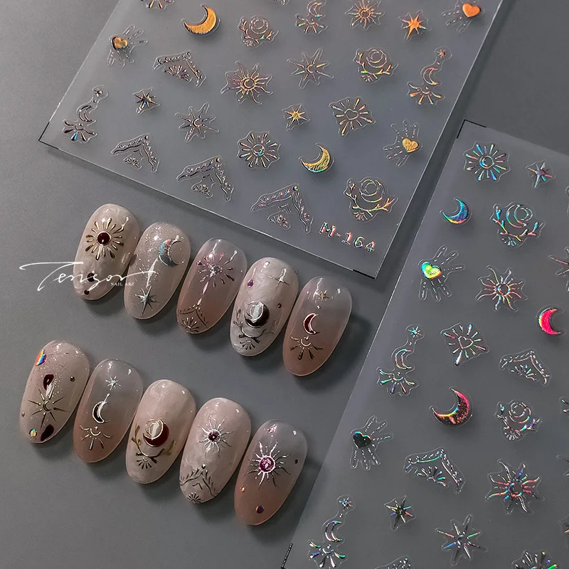 Gold Silver Laser Pink Stars Moon Heart Totems 3D Adhesive Nail Art Decorations Stickers Hot Stamping Manicure Decals Wholesale