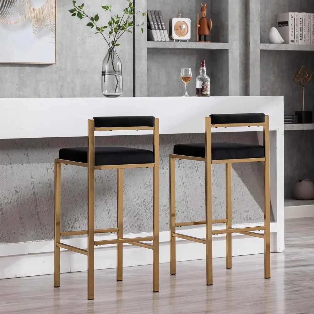 مجموعة مقاعد بار سوداء مخملية مقاس 30 بوصة مكونة من قطعتين، كراسي طعام عالية لجزيرة المطبخ الذهبية المنجدة الحديثة مع مساند للقدمين #6