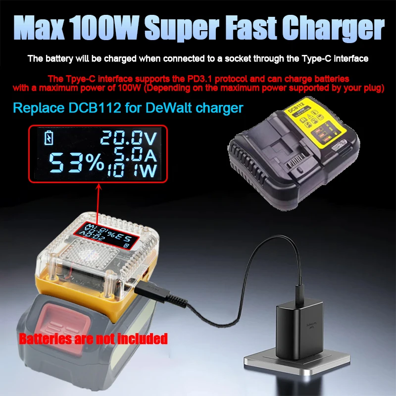 Conversor adaptador de bateria de lítio com display digital para makita para dewalt para milwaukee para carregador m18 usb tipo-c power bank 138w