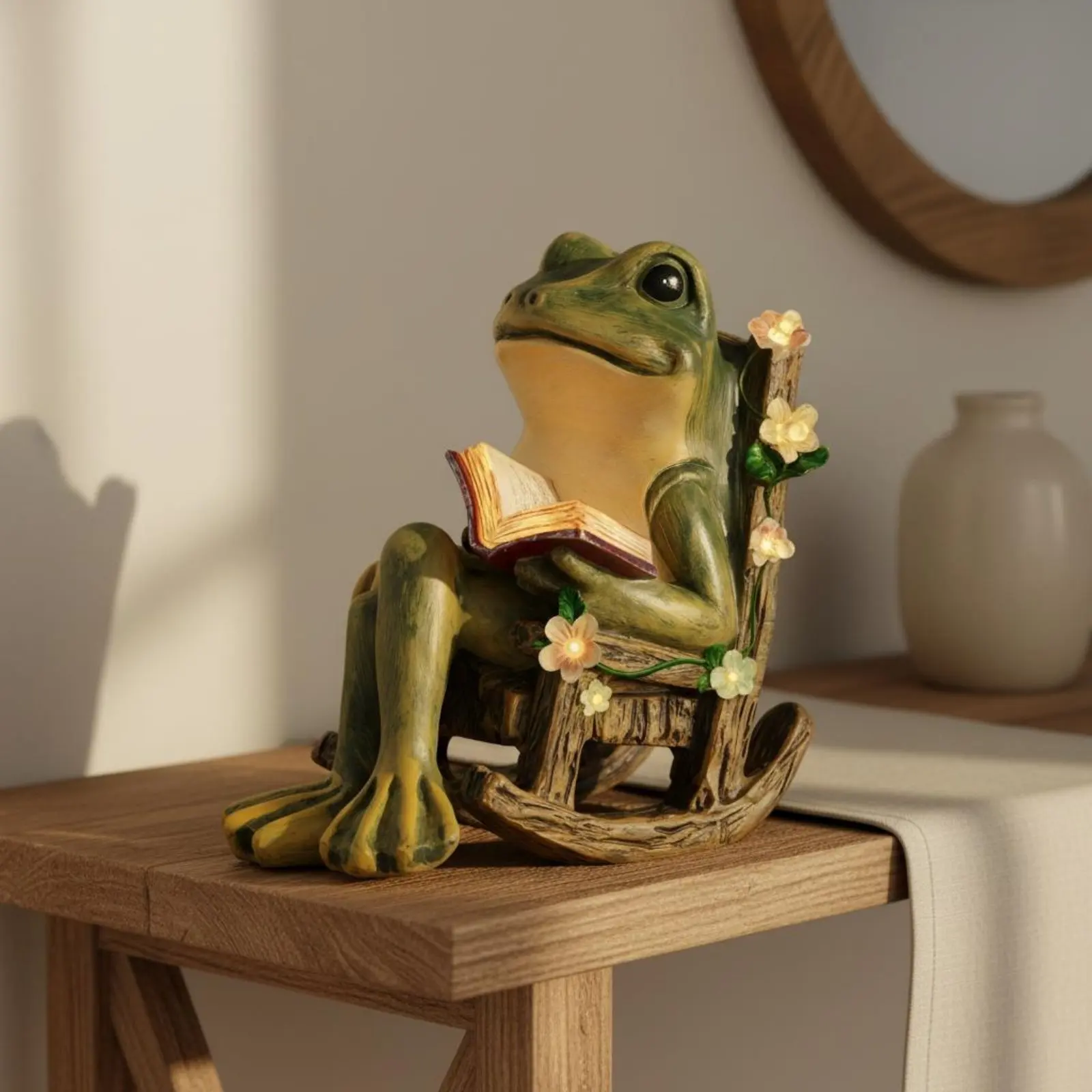 Frog on Rocking Chair Statue Pastoral Theme Solar Frog Light Outdoor Decoration Creative Design Light Source Lamp for Balcony