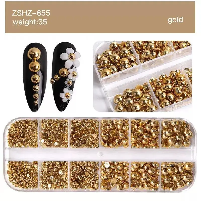 12Grids Mixed Semi-circular Pearl Gold And Silver Nail Charms Nail Decor Manicure Nail Salon Accessories