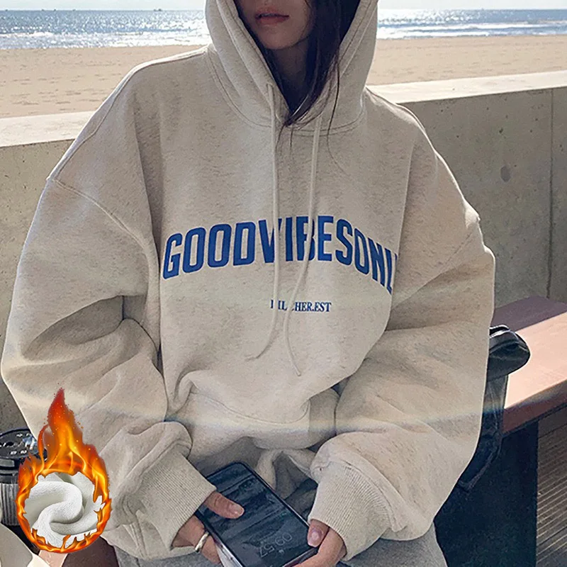 Damen Herbst Koreanische Kapuzenjacke mit Futter, Weichem Buchstaben-Grafikmuster, Lockerer Passform, Vielseitig Tragbar, Lässige Außenjacke, Langarm-Oberteil