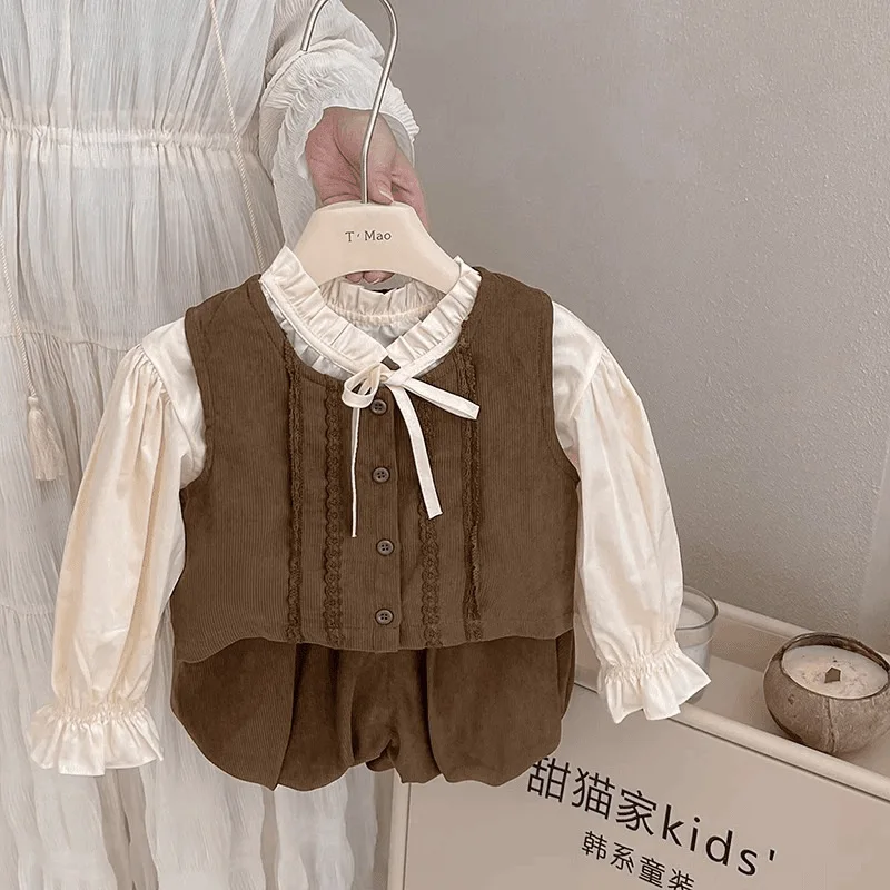 

Autumn Children Girls 3PCS Clothes Set Cotton Bubble Sleeve Shirt Suits Khaki Sinlge Breasted Vest Flower Bud Shorts Outfits