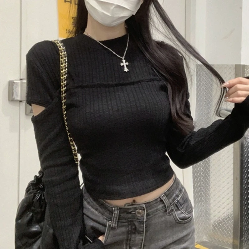 

Long-sleeved Sweater for Women Rib Knitted Cut Out Pullover Jumper Cutout Crop Tops Autumn Winter Y2K Acubi Outfit