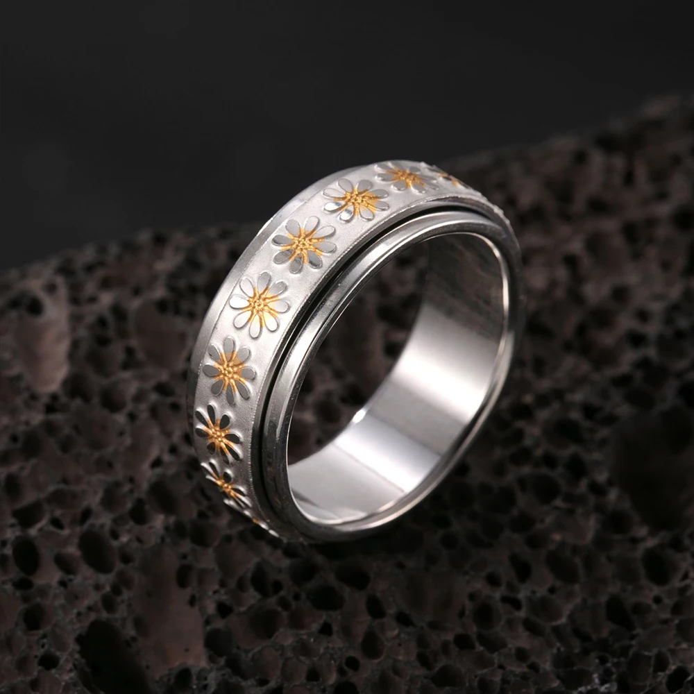 Anti Stress Anxiety Fidget for Women Spinner Daisy Flower Sunflower Sun Star Stainless Steel Ring Trendy Jewelry Anillo  ﻿
