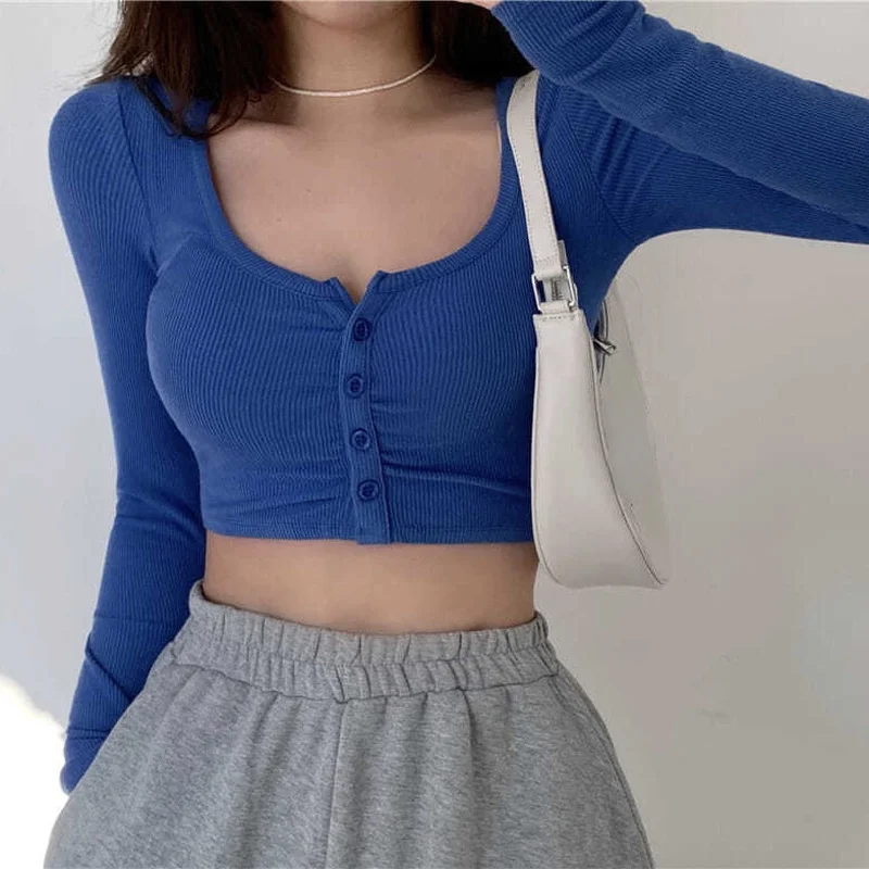 Shirts Women Solid Leisure Sexy All-match Single Breasted Elegant Slender O-neck Fashion Autumn New Cozy Femenino Crop Tops Ins