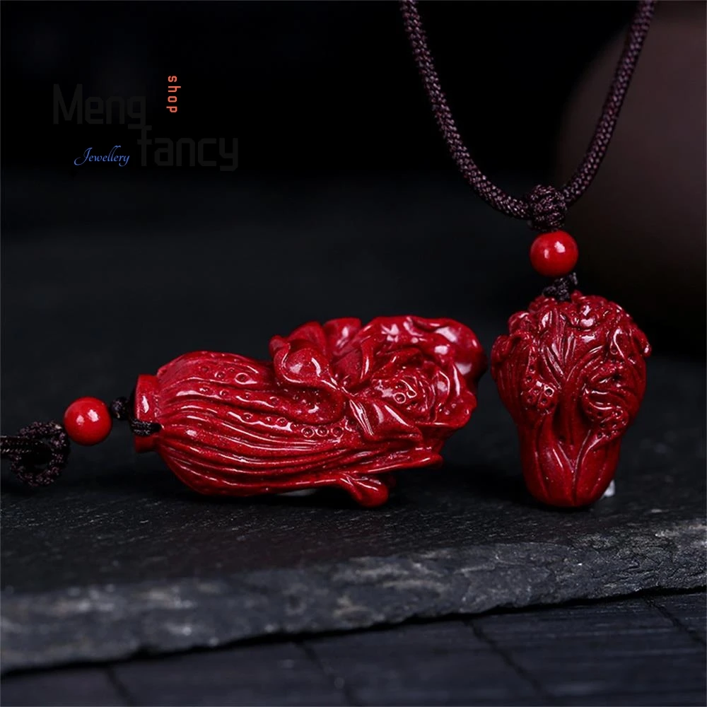 Cinnabar Cabbage Pendant Chinese Natural Hand-Carved Amulets Mascots Sweater Chain Fashion Women Men Necklace Fine Holiday Gifts