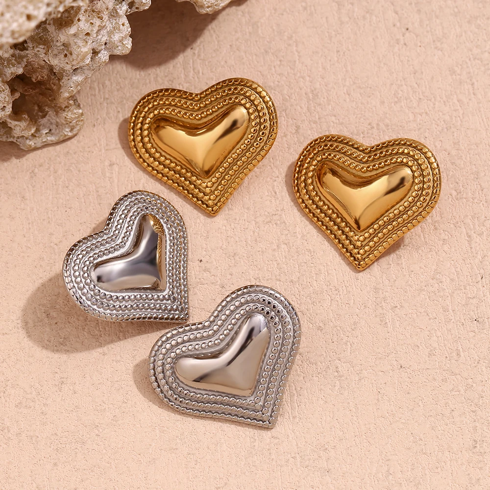 E.B.belle Three Layer Dotted Edge Smooth Heart Earrings 316L Stainless Steel Gift 18K Gold Plated Women's Earrings