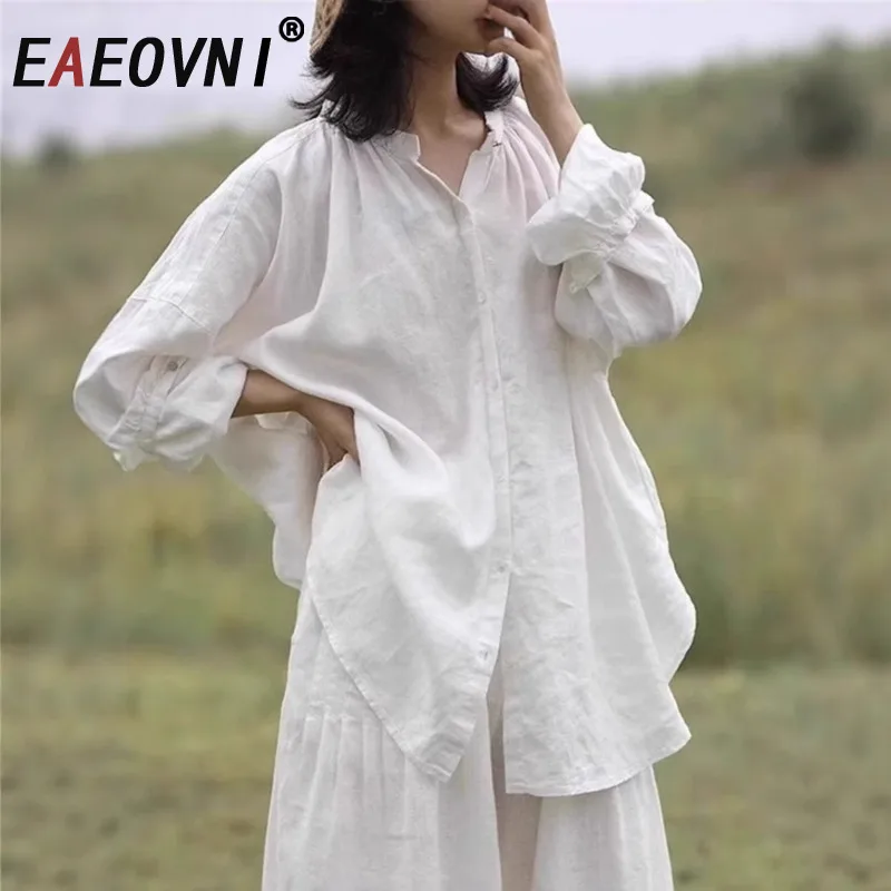

EAEOVNI White Linen Blouse Women Casual Lapel Long Sleeve Button Versatile Blouse Fashion 2025 New Clothing Summer Sunscreen