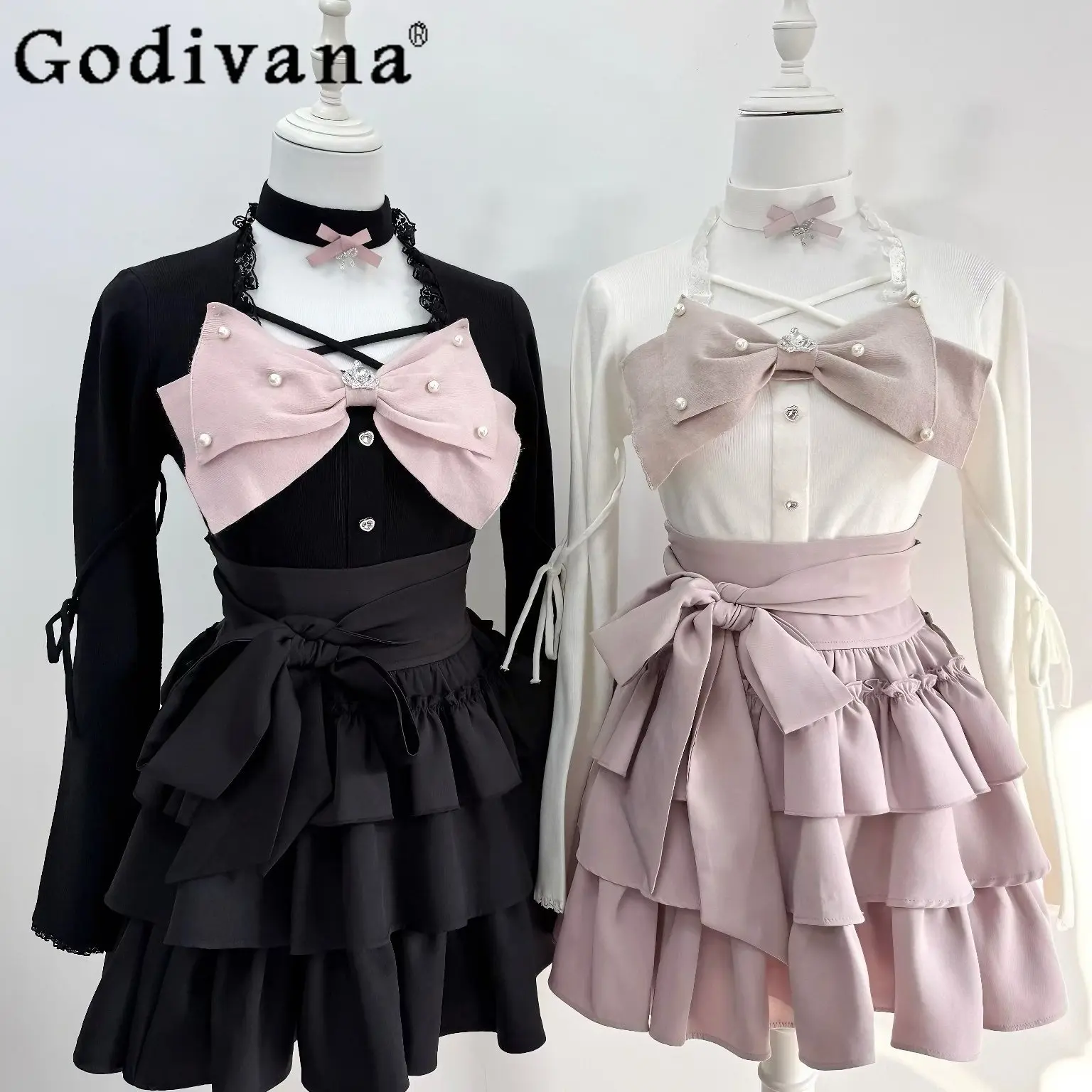 

2026 New Spring Sweet Big Bow Pearl Long Sleeve Top and Skirt 2-Piece Set Girls Women's Slimming Sweet Lolita Outfit Skirt Set