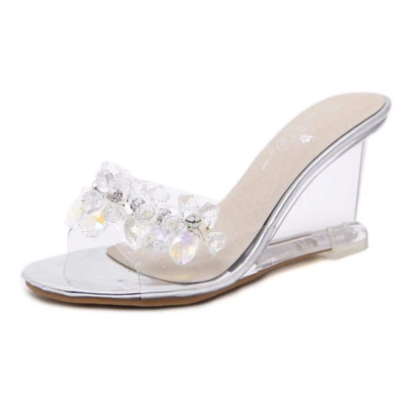 STAN SHARK Women Crystal Slipper Wedge Sandals Female Sexy Crystal Transparent High Heels Rhinestone Wedge Sandals