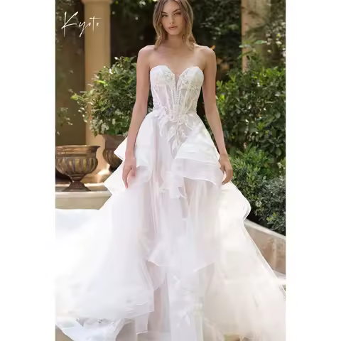 Kyoto Customized White Sweetheart Neck Wedding Dress Lace-Up Back Sleeveless vestidos de noiva A-Line Court Train Evening Dress