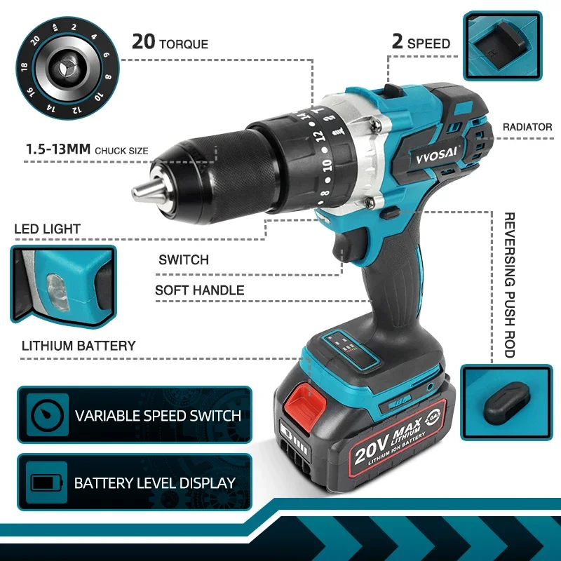 VVOSAI 20V Brushless Electric Drill 20 Torque 115NM Cordless Screwdriver Li-ion Battery Electric Power Screwdriver Drill