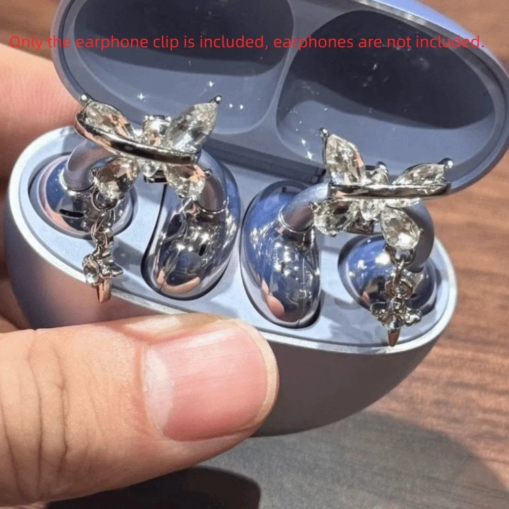 Creative Butterfly Earphone Clips Silver Tassels Headphone Accessories Artificial Crystals Two Pieces Set Earphone Decorations