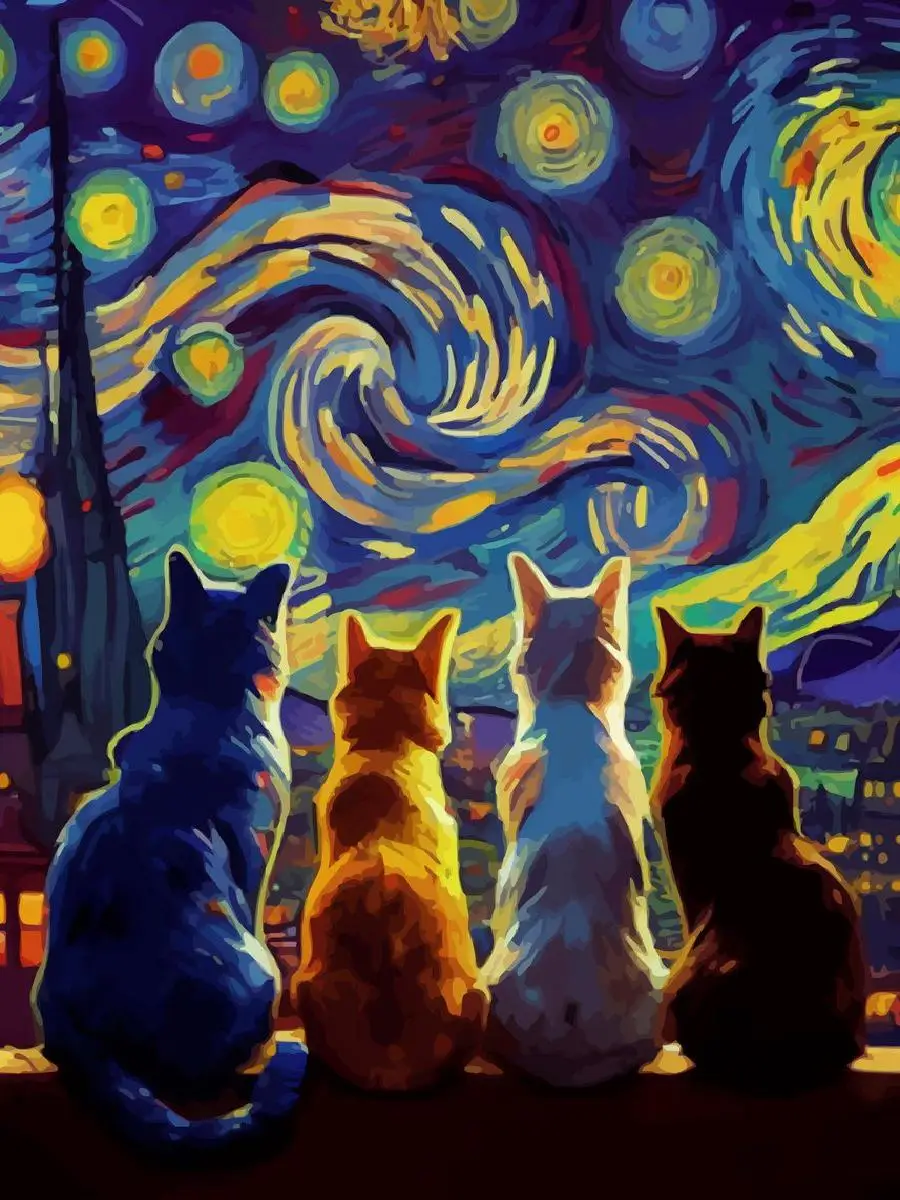 Starry Night Cat Poster  Animal Inspired Wall Art Print Nature  Travel Collection Home Decor