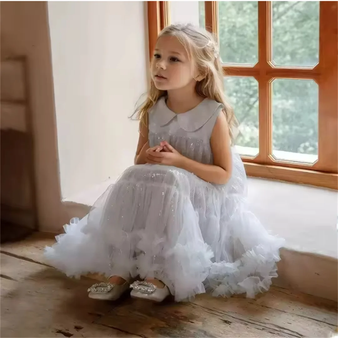 shiny mesh dress, baby doll collar, ruffled multi-layered tutu skirt, children's birthday party wedding flower girl dress