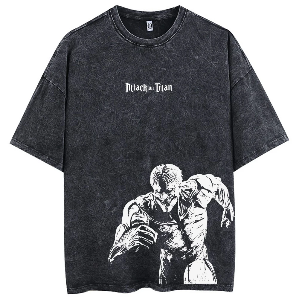 2026 Anime Attack on Titan Eren Jaeger Printed T-shirt Men's and Women's Washed T-shirt High Quality Vintage Cotton T-shirt Top