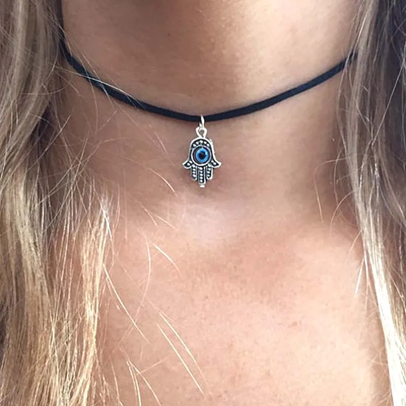 Vintage Evil Blue Eyes Necklace for Women Lucky Turkish Hamsa Hand Pendant Choker Leather Chain Simple Jewelry