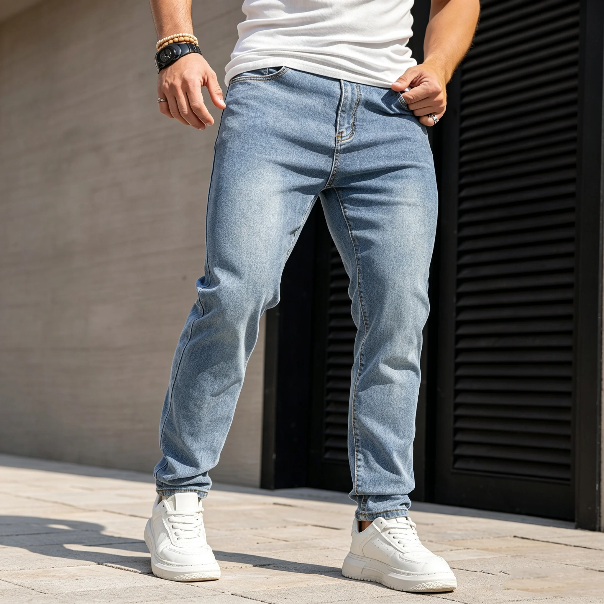 High Stretch Men Skinny Denim Jeans Light Wash Casual Daily Wear Male Slim Fit Straight Trousers Streetwear  Denim Pants