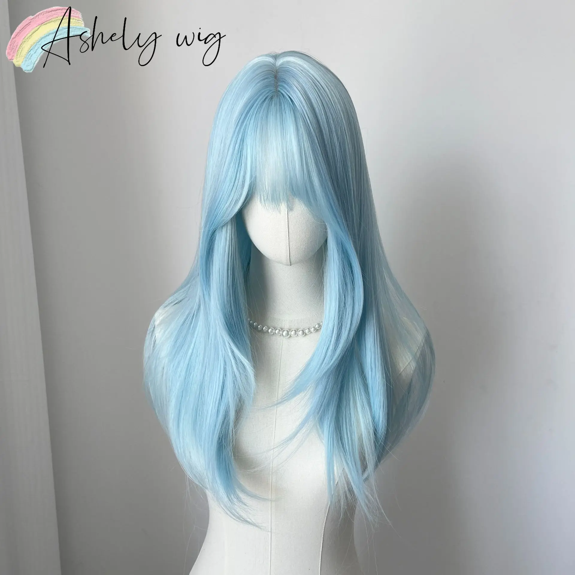 Lce Blue Wig with Bangs 22inch Middle Straight Hair Wig Lolita Nature Looking Headband Heat Resistant Fibers Synthetic Wigs 가발
