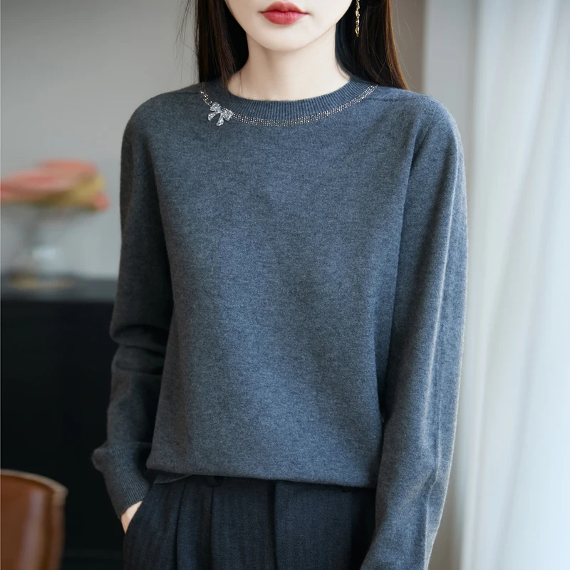 

Round Neck Solid Color Pullover Sweater For Women, Autumn/Winter 2025 Pullover Wool Top, Stylish Loose Fit Knitted Base Sweaters