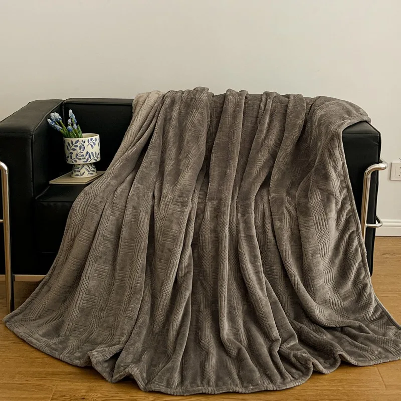 2025 New Shan Solid Color Jacquard Coral Fleece Blanket Winter Thickened Fleece Small Blanket Nap Office Sofa Blanket