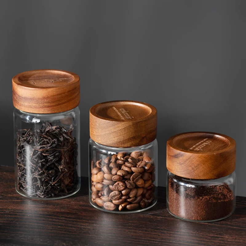 Coffee Powder Sealed Jar Transparent Glass Tea Cans Candy Food Storage Jar Wooden Lid Grain Storage Container Kitchen Utensils