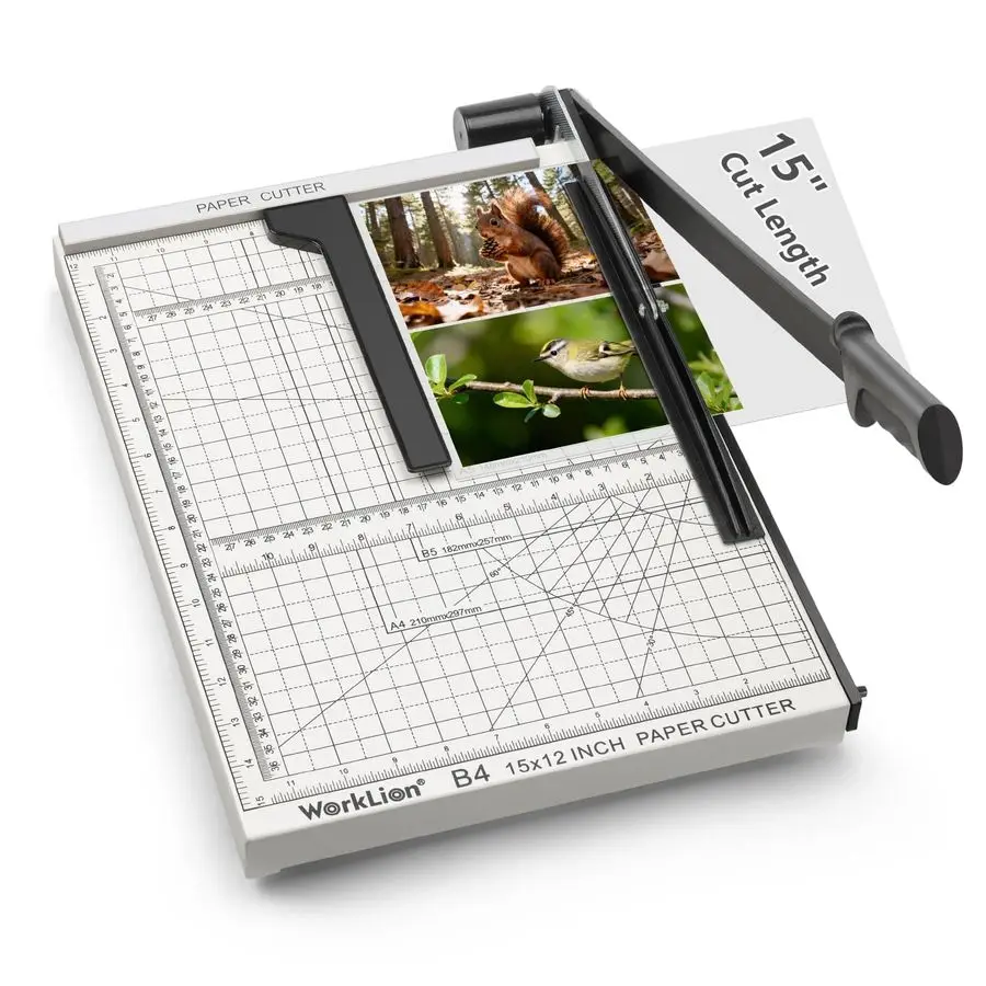 

Резак для бумаги Worklion Precision Guillotine с защитным замком, вместимость 15 листов, усиленная металлическая основа для резки
