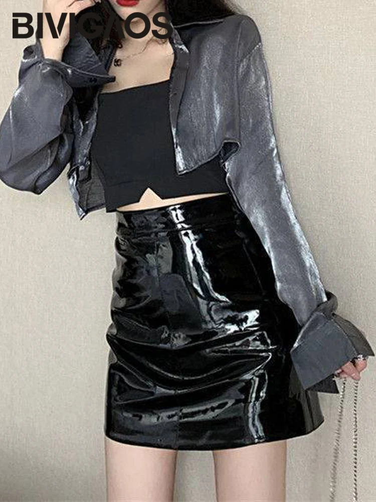 BIVIGAOS Black Mirrored PU Leather Skirts Women Shining Leather High Waist Sexy Package Hip Skirt Tight Slim A-line Short Skirts