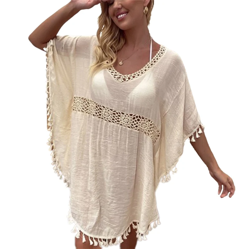 Summer Beach Casual Sun Protection Coverall Women Loose Cover-up Female V Neck Pullover Tassel Splice Bikini Cover Up Beachwear