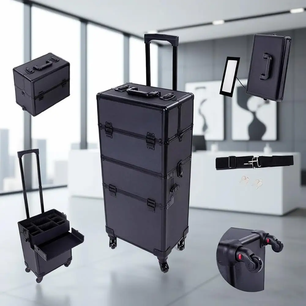 

Dual-Function Rolling Makeup Train Case with Wheels, Lockable and Removable, Ideal for Professional Artists and Nail Technicians