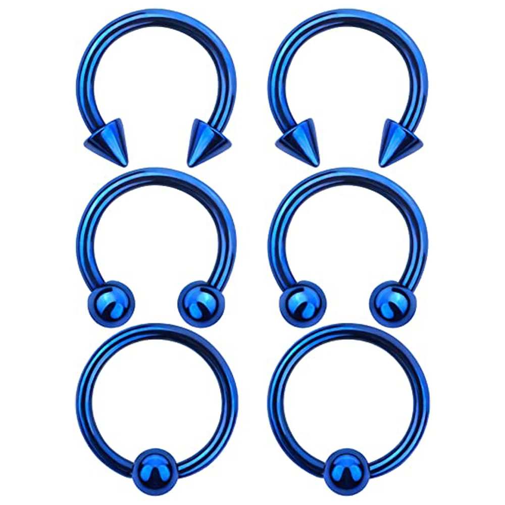 WKOUD 6PCS Horseshoe Circular Barbells Septum Rings 16G Nose Rings Hoop Helix Earrings Eyebrow Body Piercing Jewely Blue