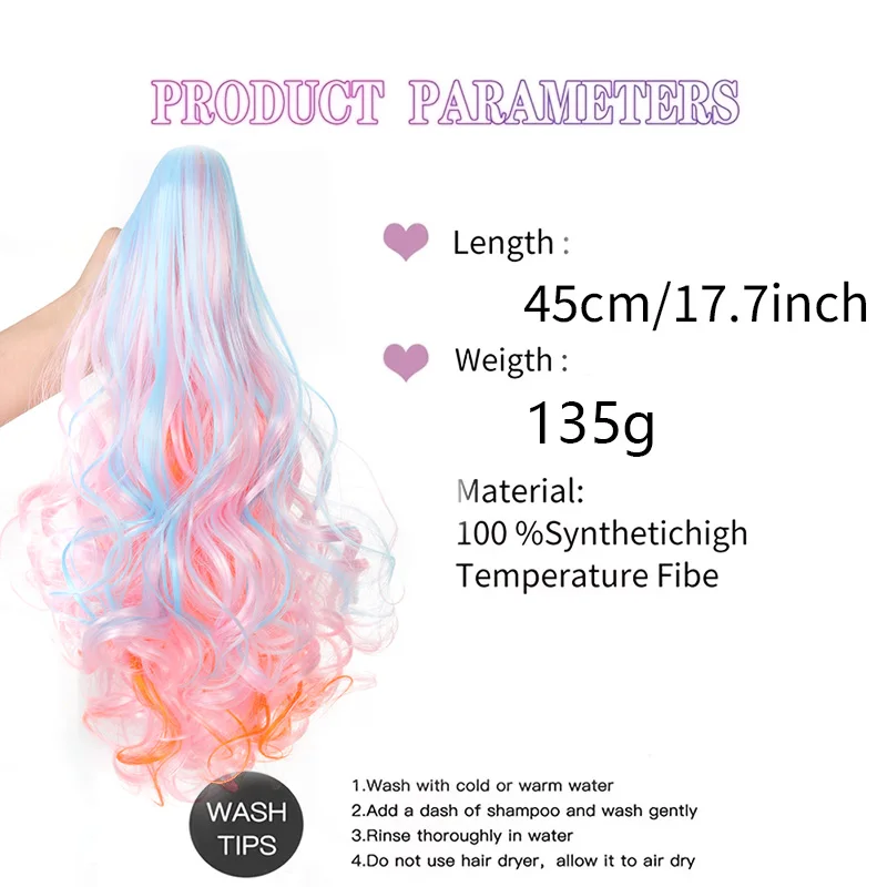 Claw Clip Ponytail Extension Ombre Pastel Curly Wave Synthetic Hairpiece Rainbow Fake Pony Tail for Women Cosplay Daily Wear