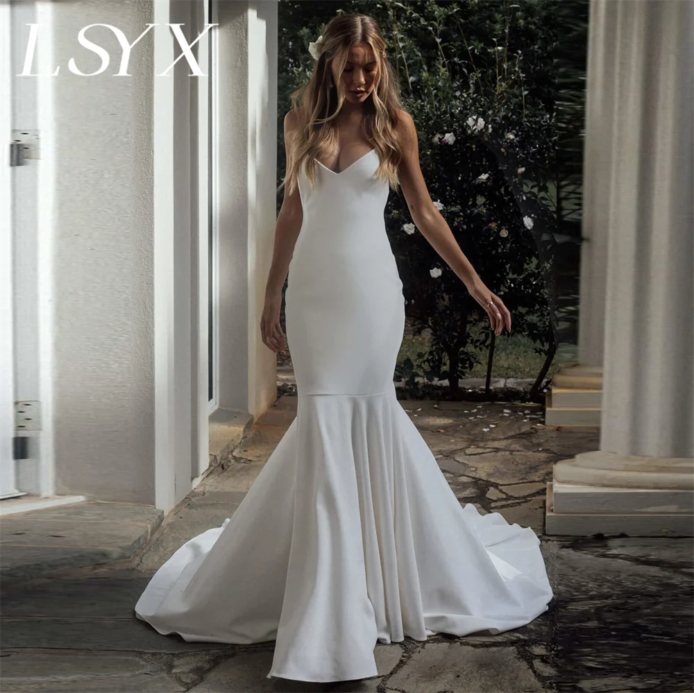 

LSYX V-Neck Sleeveless Pleats Spaghetti Straps Mermaid Wedding Dress Open Back Court Train Floor Length Bridal Gown Custom Made