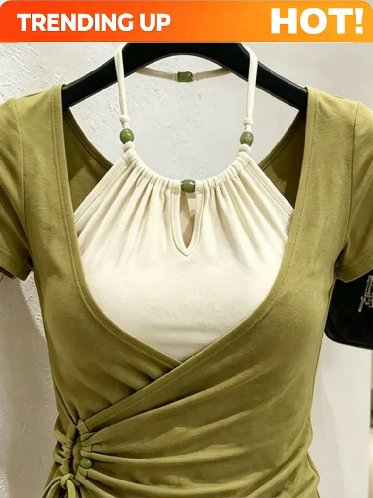 Layered Halter Top Women Luxury Short sleeve T-Shirt Women French Sexy Slim fitted Tied Front Basic Tee Elegant Off shoulder Top