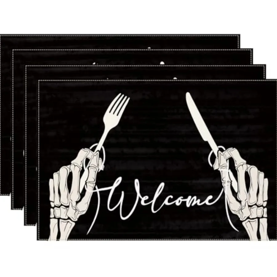 

4 шт., набор ковриков для Хэллоуина, 12x18 дюймов, черный, белый цвет, скелет, руки, коврики для стола, декоративные коврики для стола в фермерском доме на Хэллоуин f