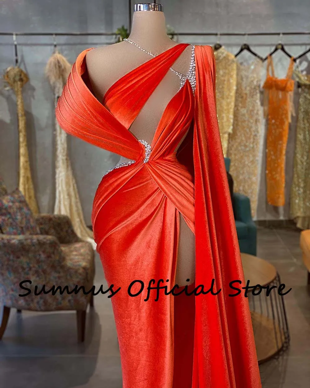 Sumnus Orange Samt Meerjungfrau Abendkleider Cape Sleeve Hohe Split Besondere Anlässe Kleider Angepasst Ereignis Kleid Mit Zug