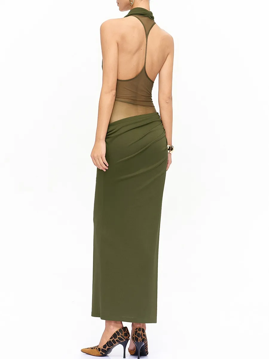 TWOTWINSTYLE 솔리드 슬리밍 스플라이스드 폴드 섹시 드레스 여성용 홀터 슬리브리스 백리스 시어 롱 드레스 여성 의류 신상품