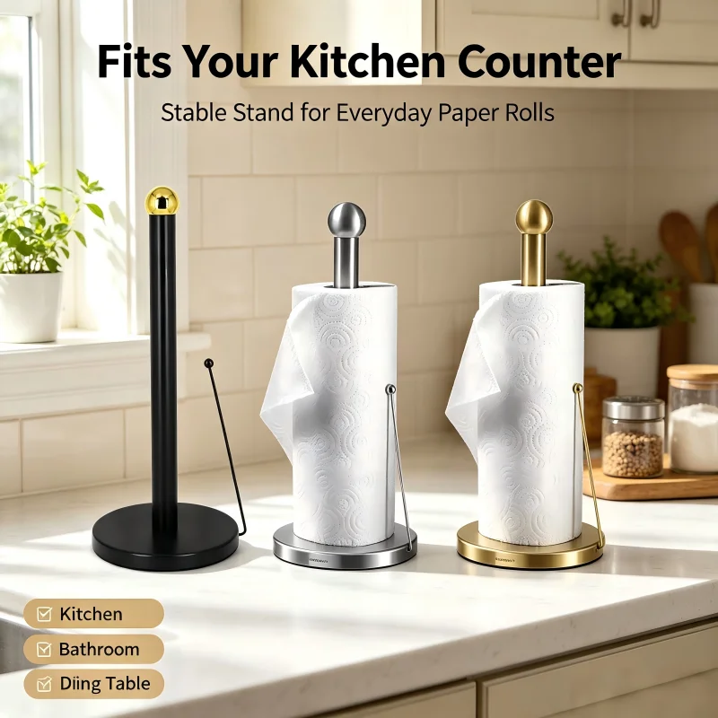 Stainless Steel Spring Loaded Paper Towel Holder Rack - Double Rod Tabletop Organizer for Kitchen and Bathroom Tissue Storage