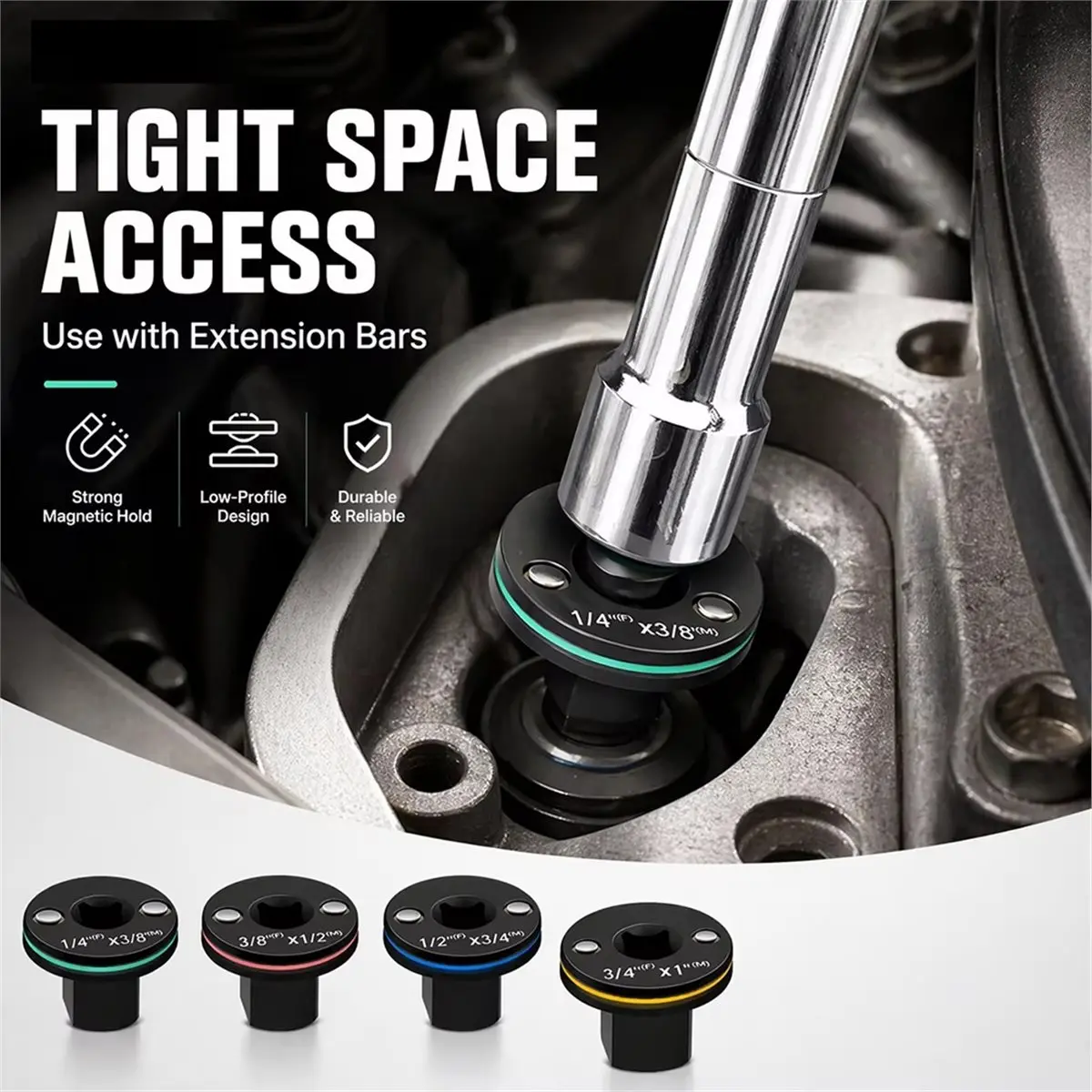 Low Profile Impact Socket Adapter Set, 4PC Stubby Drive Ratchet 3/8