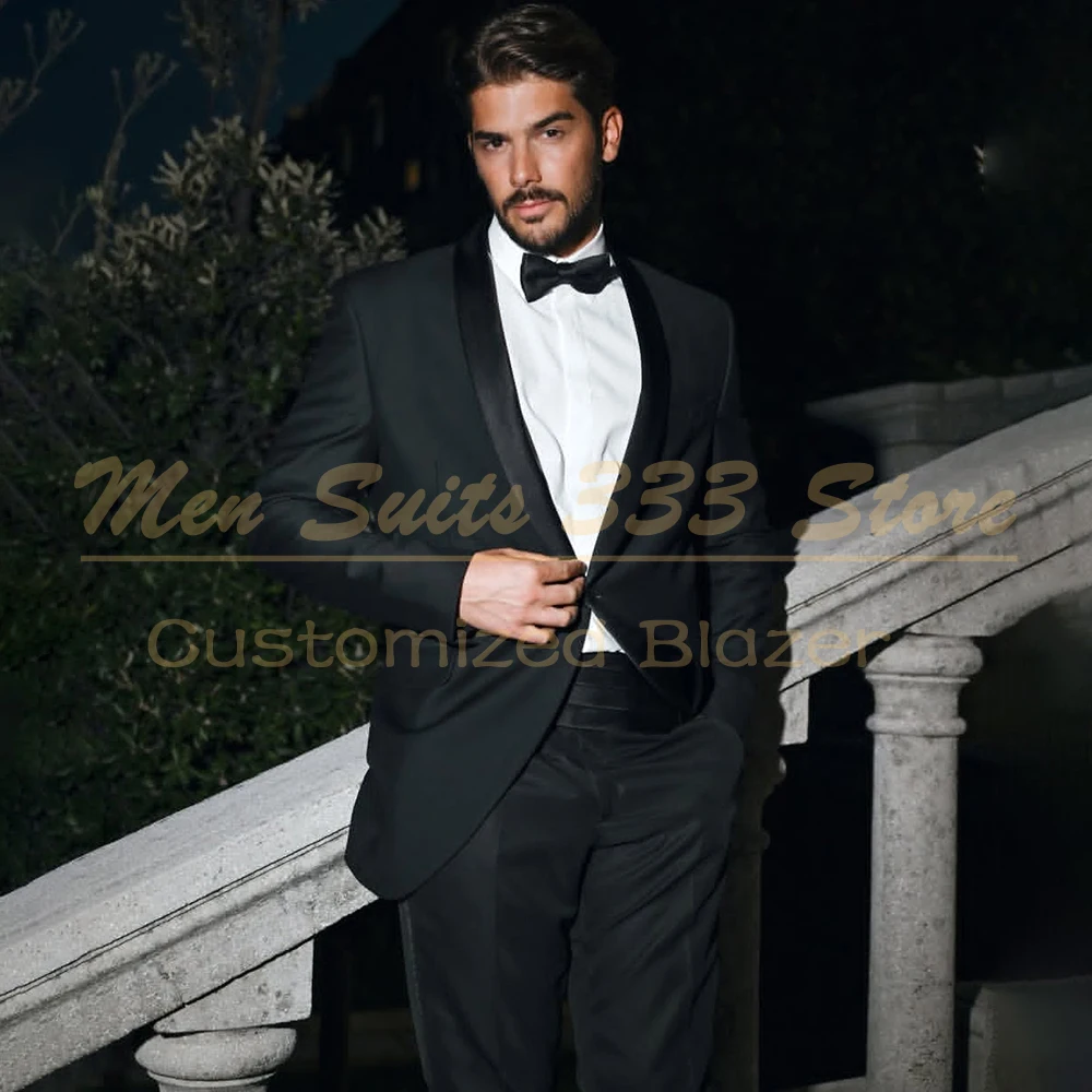 بلون أسود الرجال الدعاوى الرسمية السادة زر واحد شال التلبيب البدلات الرسمية أنيقة 2 قطعة سترة السراويل مجموعات كاملة وتتسابق