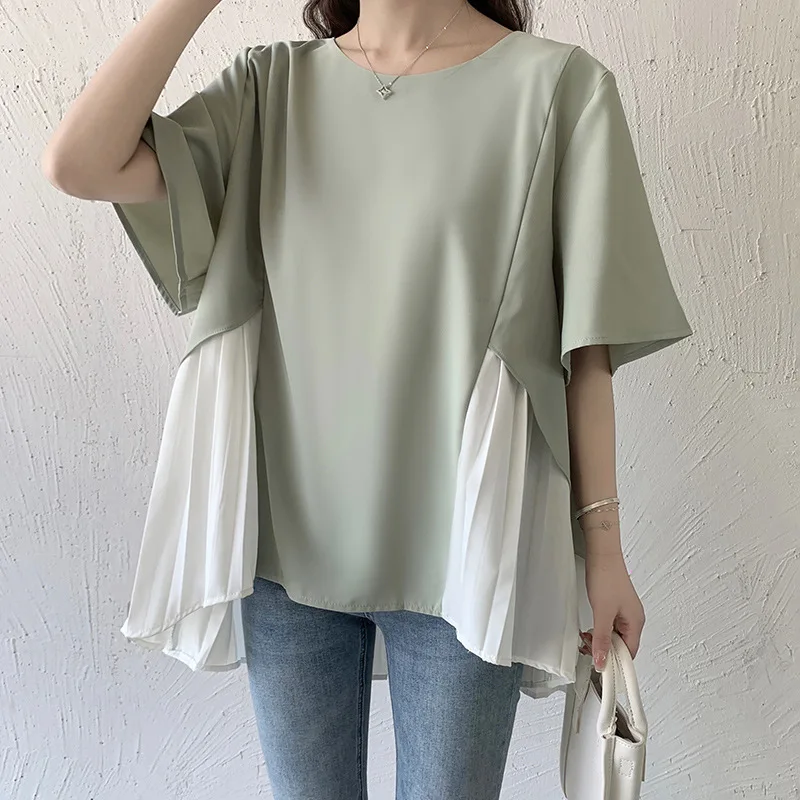 2024 New Lotte Round Neck Five-quarter Sleeves Loose Hem Stitching Pleated Short-sleeved Irregular Chiffon Shirt For Women