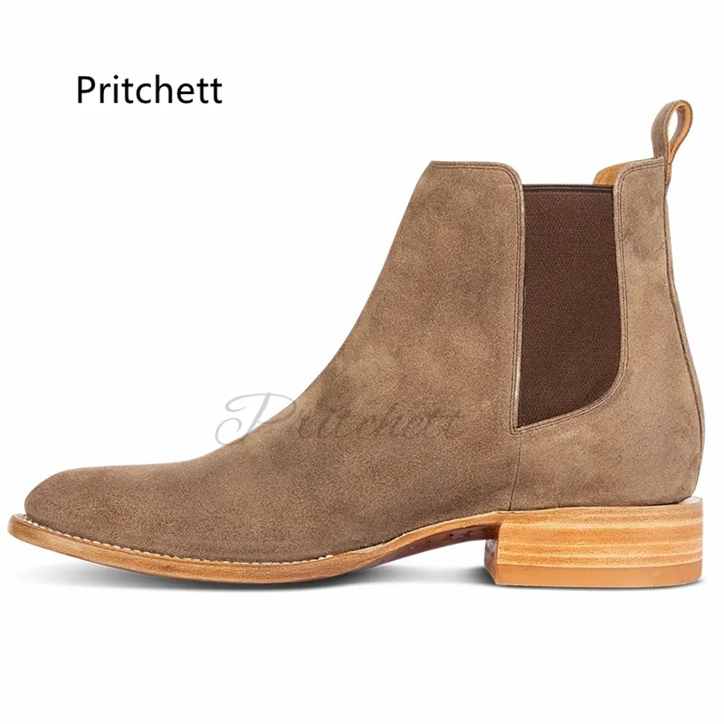 Men's Suede Leather Slip On Ankle Boots Low Heel Handmade Business Chelsea Boots Taupe Wear Resistant Casual Shoes Male Winter