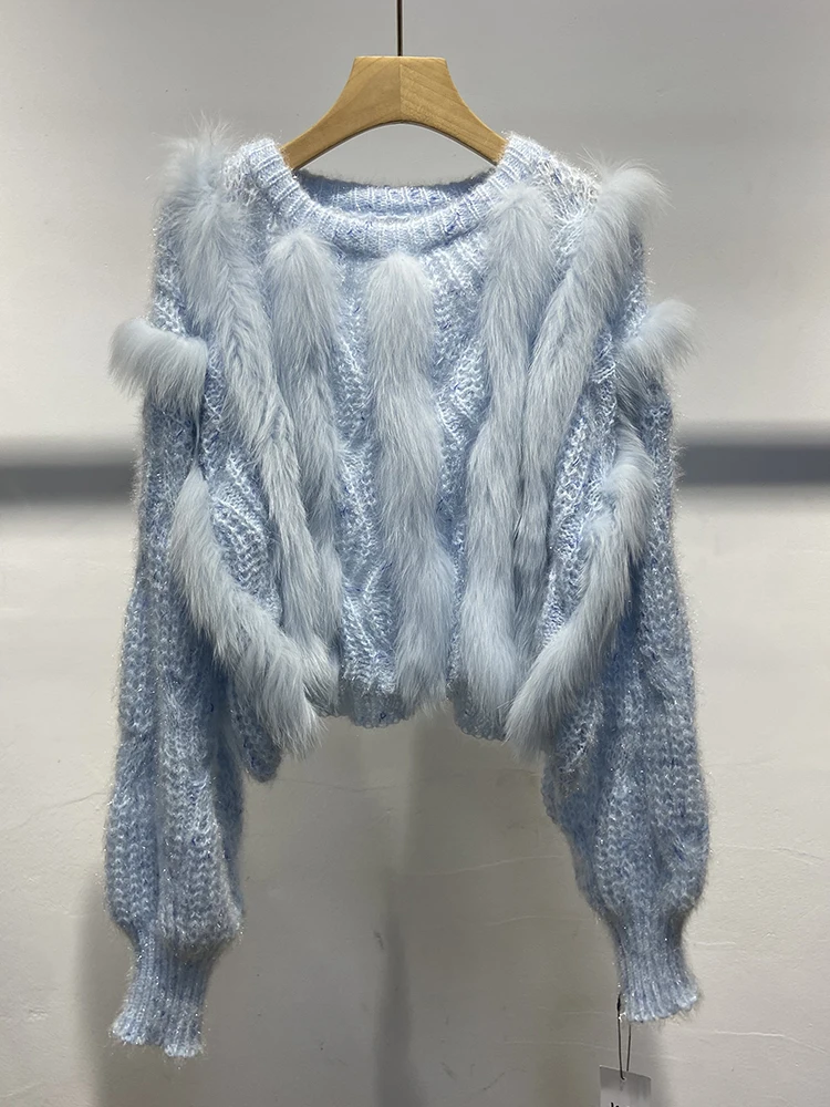 Camisola oversize colorida Real Fox Fur tricotada para mulheres, guarnição de pele solta, primavera