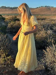 V-neck Yellow Puff Sleeve Split Solid Summer Women Dress 2025 A-line Maxi Long Sundress Vestido Button Beach Dress Party