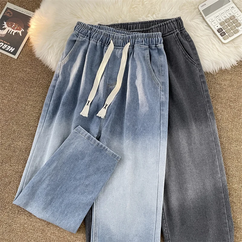 Graduated Denim Jeans Men's Spring Autumn Loose Straight Casual High Street Drawstring Elastic Waist Versatile Straight Leg P...
